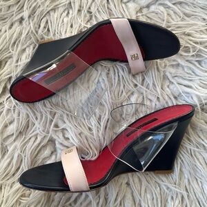 Carolina Herrera PVC Clear Strap Color Block Navy Red Wedge Heel Sandals EUC 39